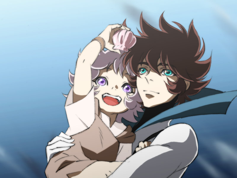 bodysuit, brown_hair, carrying, casshern, casshern_sins, child, dky, male, purple_eyes, ringo_(casshern_sins), seashell, shell, skin_tight, spiked_hair, spiky_hair, violet_eyes, white_hair, whtie_hair