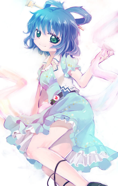 blue_eyes, chikamichi_(nicovideo15654758), chikamichi_(ssssgirl), dress, flower, green_eyes, hair_ornament, hair_rings