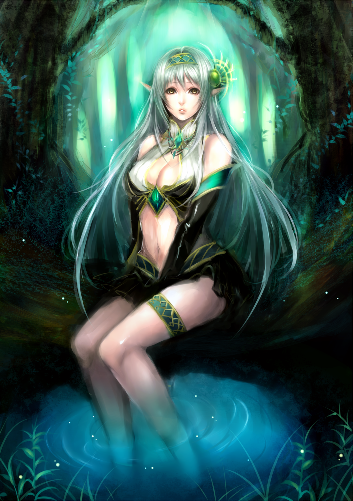 between_legs, breasts, cleavage, elbow_gloves, feet_in_water, forest, gloves, grey_hair