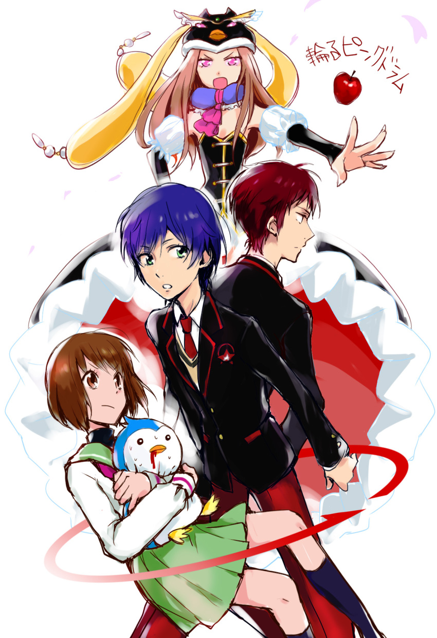 :o, apple, bird, black_legwear, blonde_hair, blue_hair, brown_eyes, brown_hair