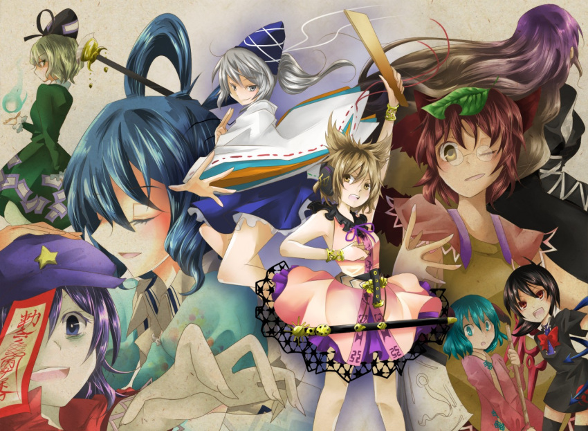 ahoge, animal_ears, asymmetrical_wings, bamboo_broom, belt, black_hair, black_legwear, blue_eyes