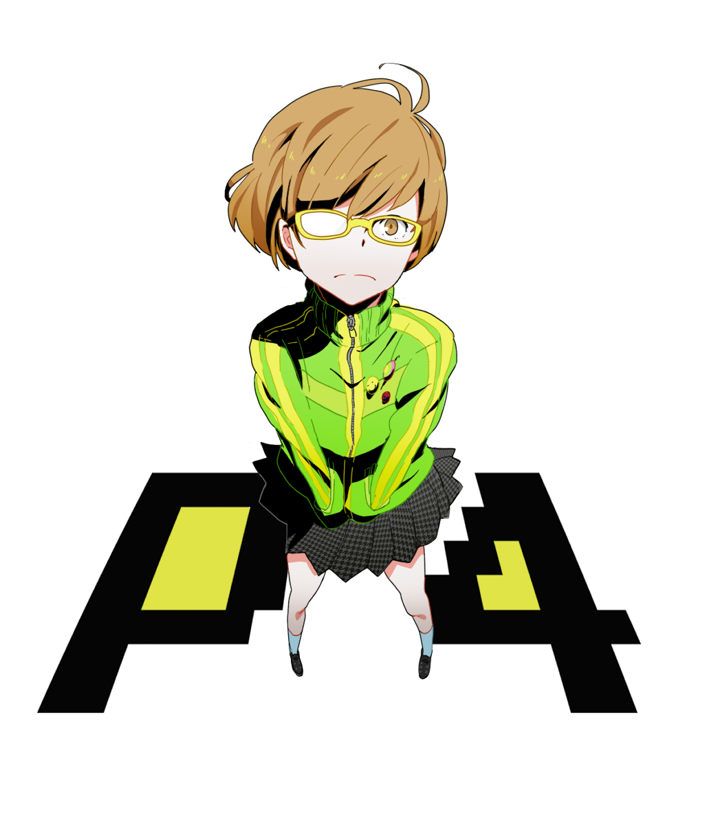 brown_hair, buttons, frown, glasses, hand_in_pocket, heath515, highres, houndstooth, mukiryoku, persona, persona_4, pleated_skirt, satonaka_chie, short_hair, skirt, smiley_face, todoroki_suyoshi, track_jacket