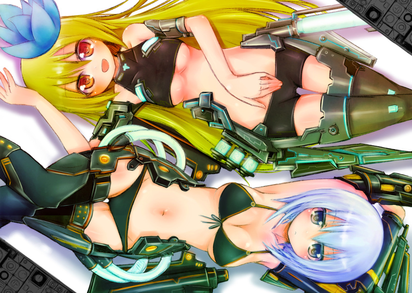 :d, armlet, armpits, arms_up, artist_request, bare_shoulders, bikini, black_legwear, blonde_hair, blue_eyes, blue_hair, blush, breasts, cleavage, detached_sleeves, flower, hair_flower, hair_ornament, halterneck, ico_(green_bullet), long_hair, lying, mecha_musume, midriff, multiple_girls, navel, on_back, open_mouth, original, red_eyes, short_hair, shorts, smile, swimsuit, thigh-highs, thighhighs, under_boob, underboob