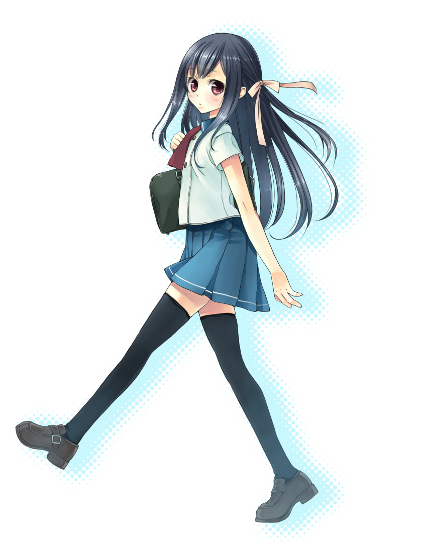 black_hair, black_legwear, blush, hair_ribbon, highres, loafers, long_hair, looking_at_viewer, original, pleated_skirt, red_eyes, ribbon, saneyoshi_(yuru), school_bag, school_uniform, shoes, skirt, solo, thigh-highs, thighhighs, walking, zettai_ryouiki