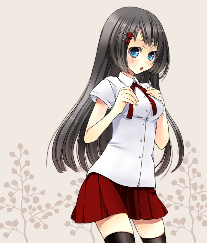 black_legwear, blue_eyes, blush, breast_suppress, breasts, dress_shirt, hair_ornament, hairclip, long_hair, open_mouth, original, pleated_skirt, ribbon, saneyoshi_(yuru), shirt, skirt, solo, thigh-highs, thighhighs, zettai_ryouiki