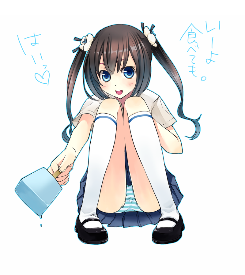 black_hair, blue_eyes, blush, hair_ribbon, kneehighs, mary_janes, open_mouth, original