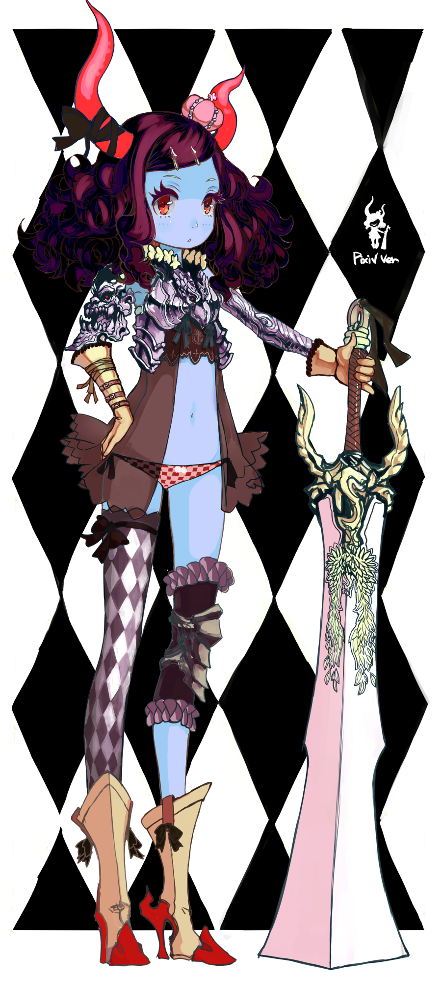 armor, blue_skin, checkered_legwear, high_heels, highres, horns, kansou_samehada, kei_t_sr