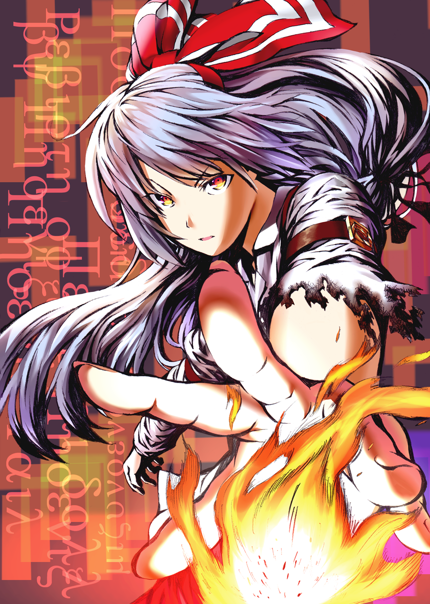 bow, close-up, colored, fingernails, fire, foreshortening, fujiwara_no_mokou, greek