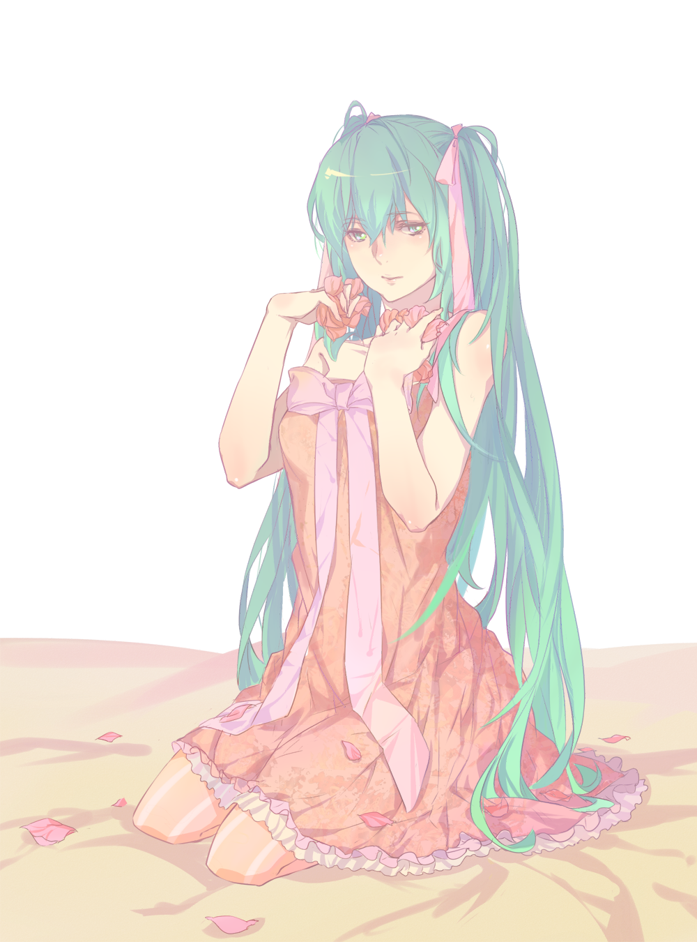 aqua_eyes, aqua_hair, bare_shoulders, dress, flower, hair_ribbon, hatsune_miku, highres