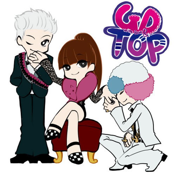 2boys, 2ne1, big_bang, brown_hair, closed_eyes, female, g-dragon, hat, kneeling, korean, kpop, long_hair, panty_and_stocking_garterbelt, park_bom, parody, ponytail, psg_character_design, short_hair, singer, sitting, t.o.p, white_hair, wink