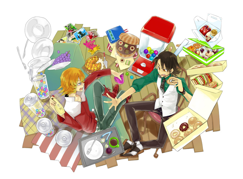 barnaby_brooks_jr, blonde_hair, blue_eyes, brown_eyes, brown_hair, candy, chair, dish