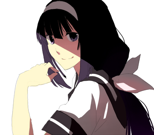 bangs, blunt_bangs, bust, copyright_request, hair_ribbon, hairband, hand_on_own_face, hand_to_face
