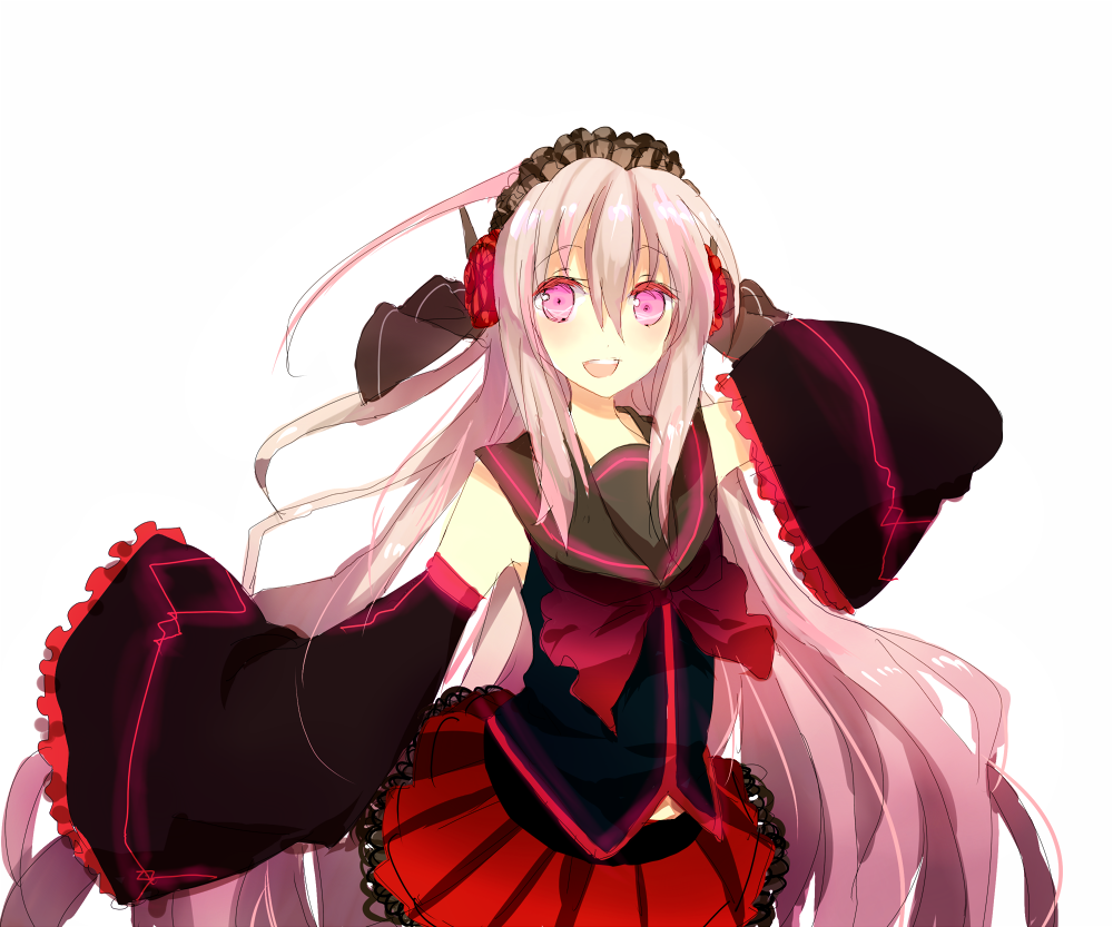 bow, detached_sleeves, hand_behind_head, headdress, headphones, kyoumo_baito, long_hair, looking_at_viewer