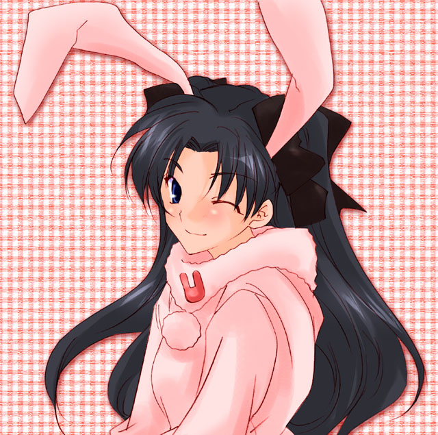 blush, bow, bunny_ears, catgirl, fate/stay_night, fate_(series), long_hair, rin_tohsaka