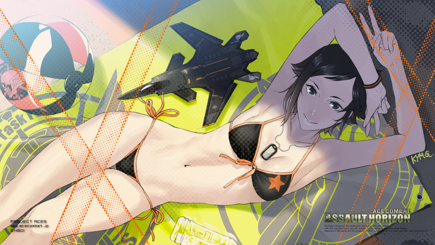 ace_combat_assault_horizon, airplane, armpits, asf-x_shinden_ii, ball, beachball, bikini, black_hair, dog_tags, front-tie_top, highres, jet, kei_nagase, kozaki_yuusuke, light_smile, navel, official_art, short_hair, side-tie_bikini, swimsuit, v, wristband