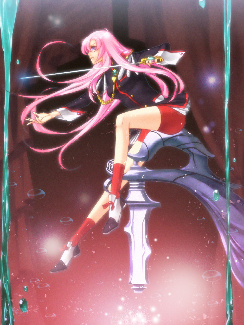 blue_eyes, epaulettes, footwear, highres, itto, jewelry, long_hair, oxfords, pink_hair, rapier, red_legwear, ring, shoes, shoujo_kakumei_utena, socks, solo, sword, tenjou_utena, water, water_drop, weapon