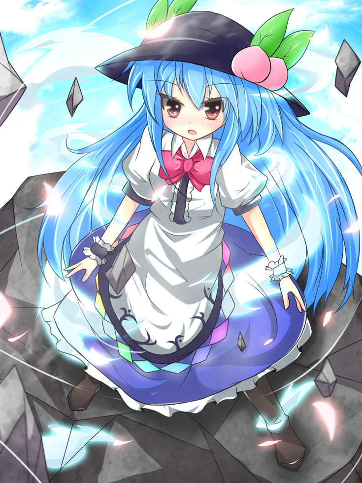 blue_hair, boots, bow, dress, food, fruit, hat, hinanawi_tenshi
