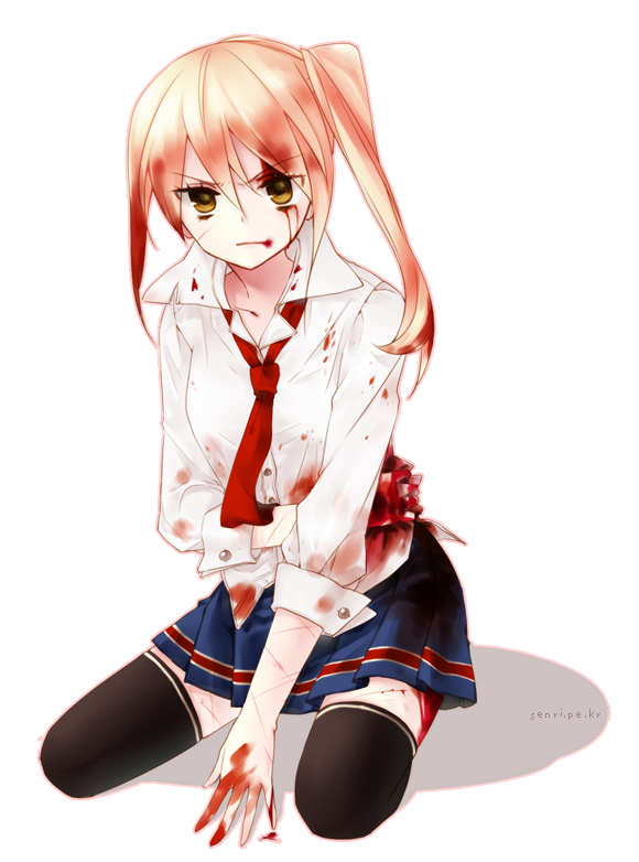 blonde_hair, blood, blood_on_clothes, blood_on_face, blood_on_hair, blood_stain, bloody_clothes, glaring, injury, kneeling, necktie, original, school_uniform, senri_(nazerine), side_ponytail, skirt, solo, thigh-highs, thighhighs, wound, wounded, yellow_eyes
