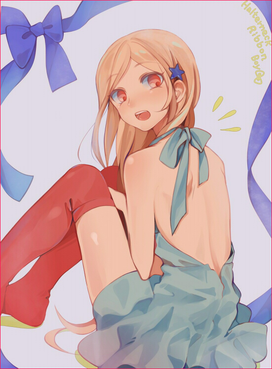 back, blonde_hair, dress, ediblepanda, inazuma_eleven, inazuma_eleven_(series), long_hair, looking_back, open_mouth, red_eyes, red_legwear, ribbon, thigh-highs, thighhighs, trap