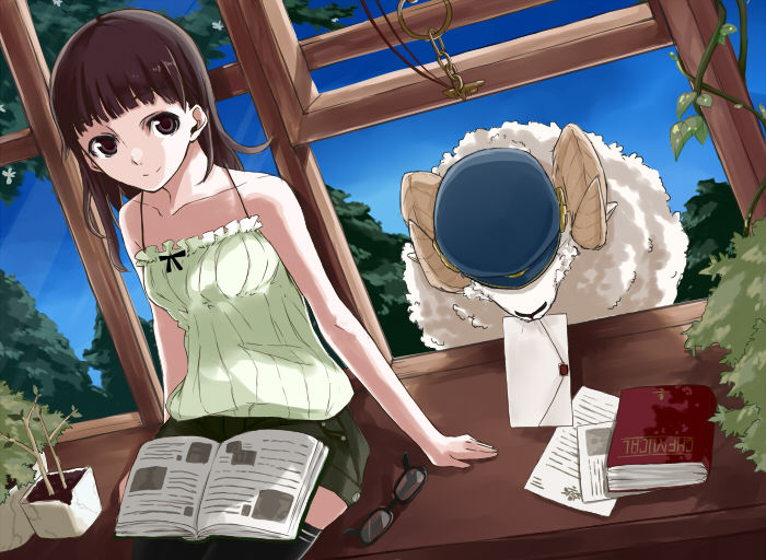 black_legwear, book, brown_eyes, brown_hair, camisole, glasses, glasses_removed, hat
