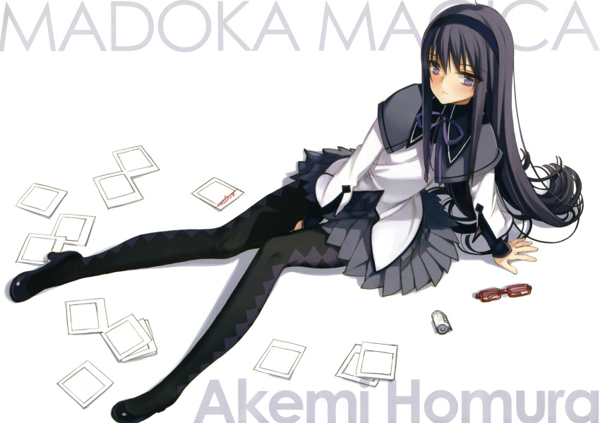 akemi_homura, argyle, argyle_legwear, arm_support, between_legs, between_thighs, black_hair, black_legwear