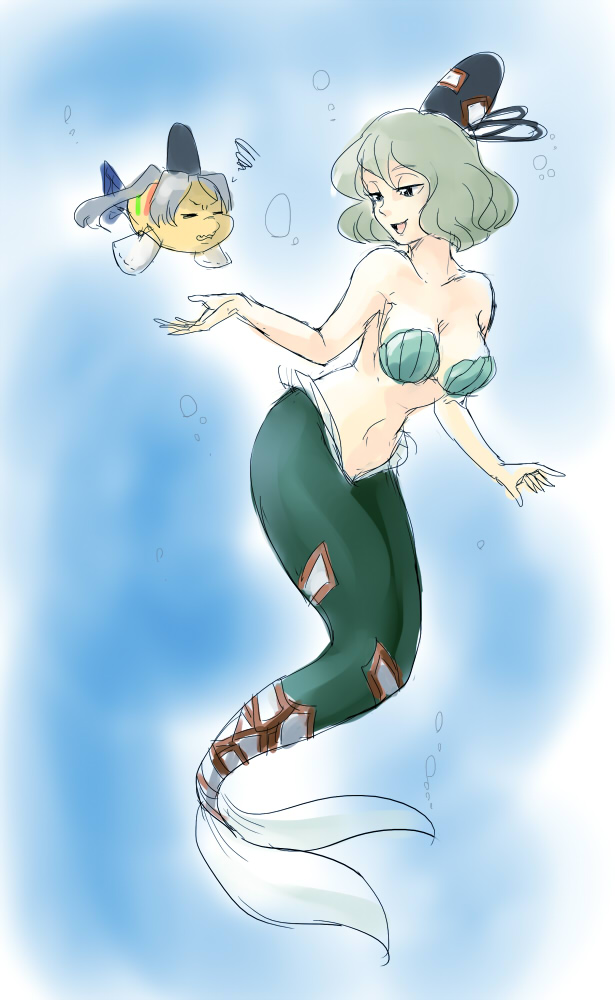 breasts, crossover, fish, flounder, green_hair, grey_eyes, hat, kitayuki_kajika, mermaid, mononobe_no_futo, monster_girl, ponytail, shell, shell_bikini, short_hair, silver_hair, smile, soga_no_tojiko, tate_eboshi, the_little_mermaid, touhou