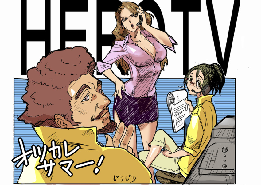 afro, agnes_joubert, bad_id, beard, breasts, brown_eyes, brown_hair, cain_(tiger_&amp;_bunny)