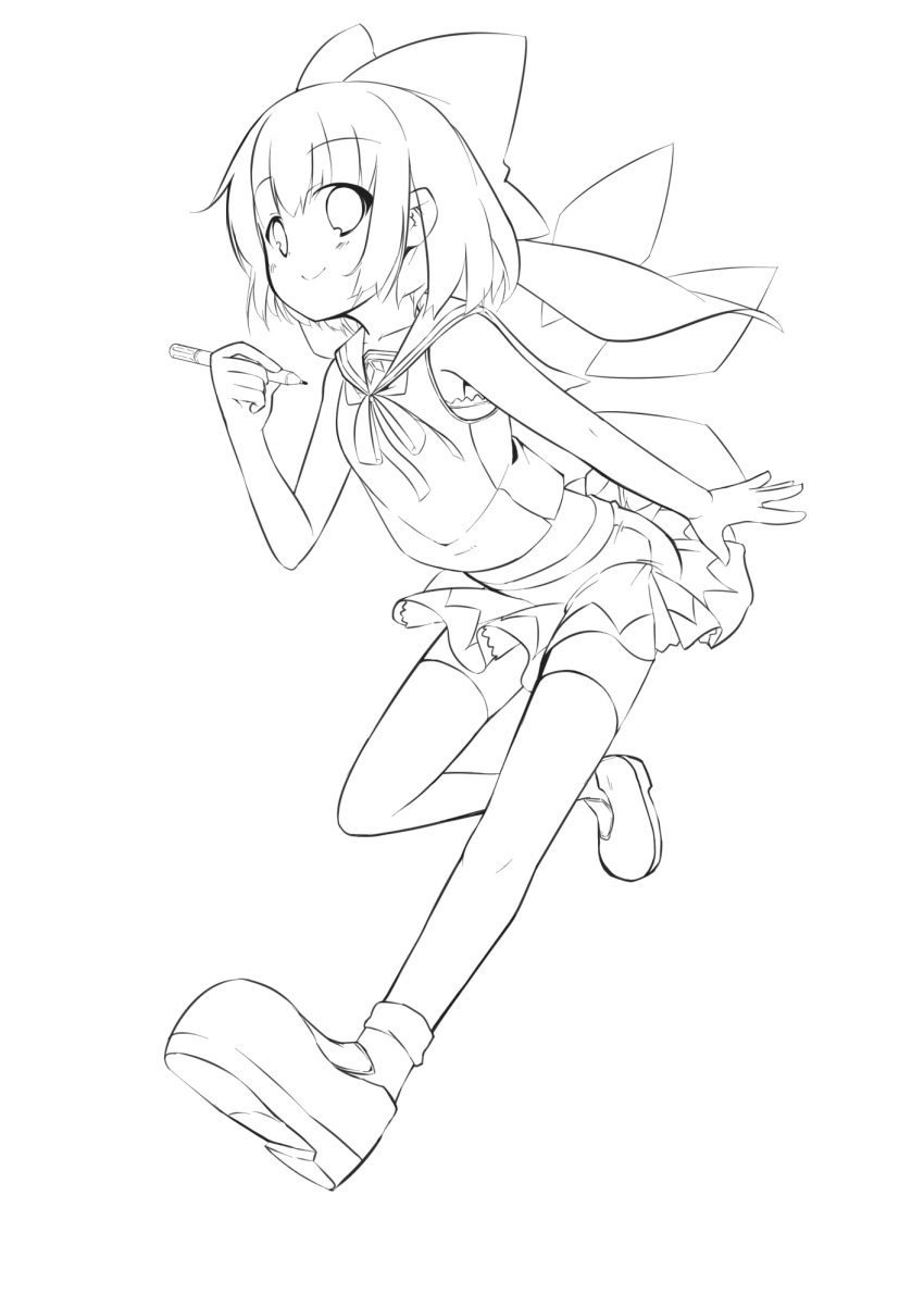 bow, cirno, gojuuroku, hair_bow, highres, lineart, midriff, monochrome