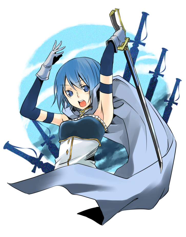 blue_eyes, blue_hair, cape, gloves, itsu_(artist), magical_girl, mahou_shoujo_madoka_magica, miki_sayaka, short_hair, solo, sword, weapon
