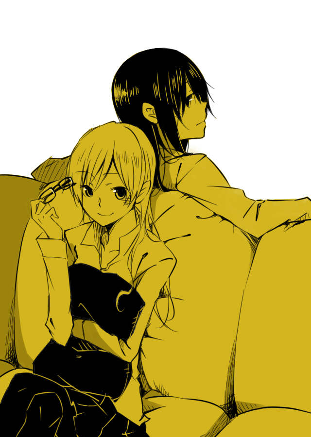 black, black_legwear, couch, cushion, glasses, itsu_(artist), mahou_shoujo_madoka_magica, monochrome, pantyhose, smile, tomoe_mami, yellow