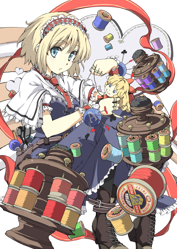 aka_ringo, alice_margatroid, blonde_hair, blue_eyes, boots, bow, capelet, clubs