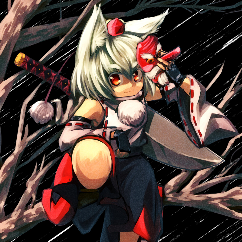 animal_ears, detached_sleeves, fingerless_gloves, gloves, gojuuroku, hat, hilt, inubashiri_momiji