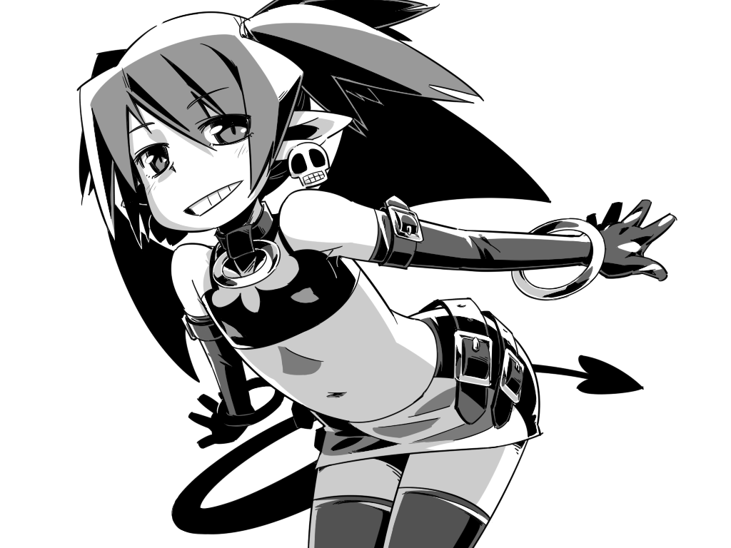 disgaea, earrings, etna, flat_chest, grin, jewelry, midriff, miniskirt, navel, nemakichi, skirt, smile, tail, thigh-highs, thighhighs, twintails, wings