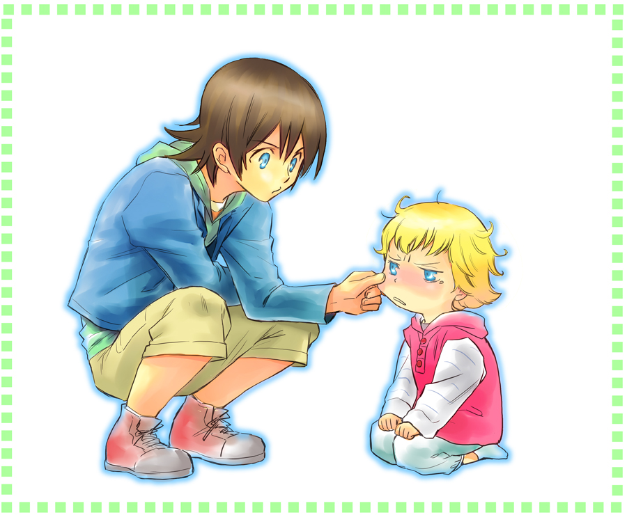 barnaby_brooks_jr, blonde_hair, blue_eyes, brown_hair, cheek_pinching, child, glowing, hoodie