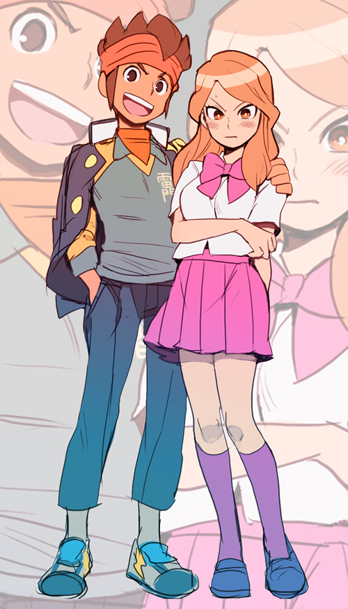 1girl, adult, blush, brown_eyes, brown_hair, couple, endou_mamoru, headband