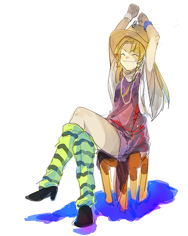 ^_^, arms_up, blonde_hair, closed_eyes, eyes_closed, hat, leg_warmers, long_hair