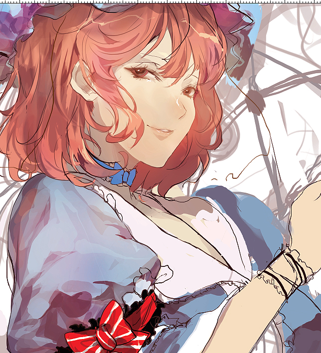 bust, face, looking_at_viewer, naye, ohna, pink_eyes, pink_hair, saigyouji_yuyuko