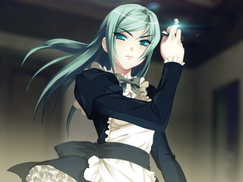 aqua_eyes, aqua_hair, carnevale_della_luce_della_luna, cross, frilled_sleeves, game_cg, gekkou_no_carnevale, holding, long_sleeves, lunaria, maid, oosaki_shin'ya, oosaki_shin'ya, ribbon, solo