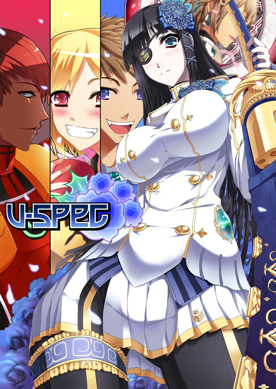 black_hair, black_legwear, blonde_hair, blue_eyes, breasts, brown_hair, character_request, emilia_percival