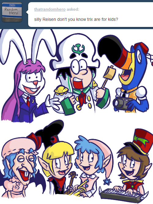 animal_ears, bat_wings, black_hair, blonde_hair, blue_hair, brown_hair, bunny_ears, cereal, crossover, general_mills, hat, instrument, kellogg's, kellogg's, leomodesto, lunasa_prismriver, lyrica_prismriver, merlin_prismriver, multiple_girls, murasa_minamitsu, necktie, pointy_ears, reisen_udongein_inaba, remilia_scarlet, shameimaru_aya, short_hair, touhou, trix_rabbit, trumpet, tumblr, ufo, violin, what, wings