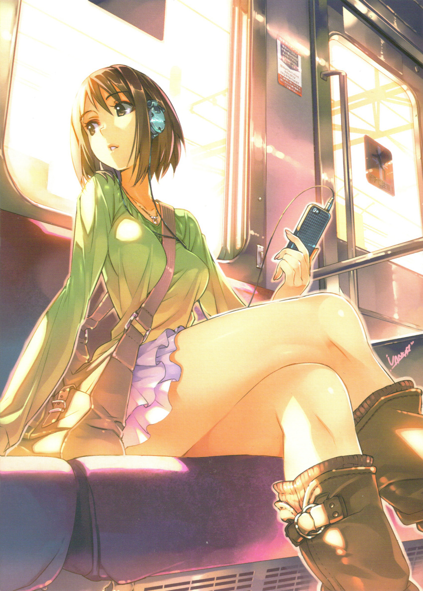 bag, between_breasts, boots, breasts, brown_eyes, brown_hair, crossed_legs, digital_media_player