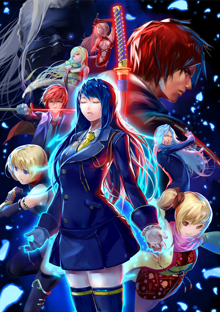 akai_katana, asaka_sumire, ayase_nazuna_(akai_katana), black_hair, blonde_hair, blue_eyes, blue_hair, character_request, closed_eyes, elbow_gloves, eyes_closed, fan, folding_fan, gloves, glowing, glowing_eye, green_hair, highres, hiiragi_(akai_katana), hiiragi_rikudo, hmk84, japanese_clothes, katana, kimono, kobayakawa_shion, mask, military, military_uniform, necktie, red_eyes, red_hair, redhead, saionji_botan, saionji_kikyo, saionji_kikyou, sanada_suzuran, scarf, shinjou_tsubaki, shuumeigiku, side_ponytail, skirt, sword, thigh-highs, thighhighs, uniform, weapon, white_hair