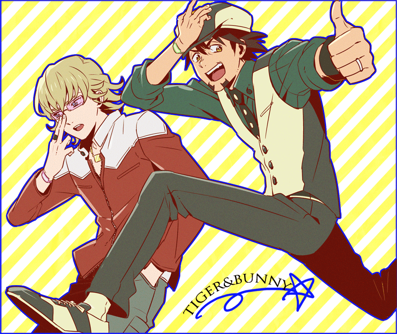 adjusting_glasses, barnaby_brooks_jr, blonde_hair, brown_eyes, brown_hair, cabbie_hat, facial_hair, glasses