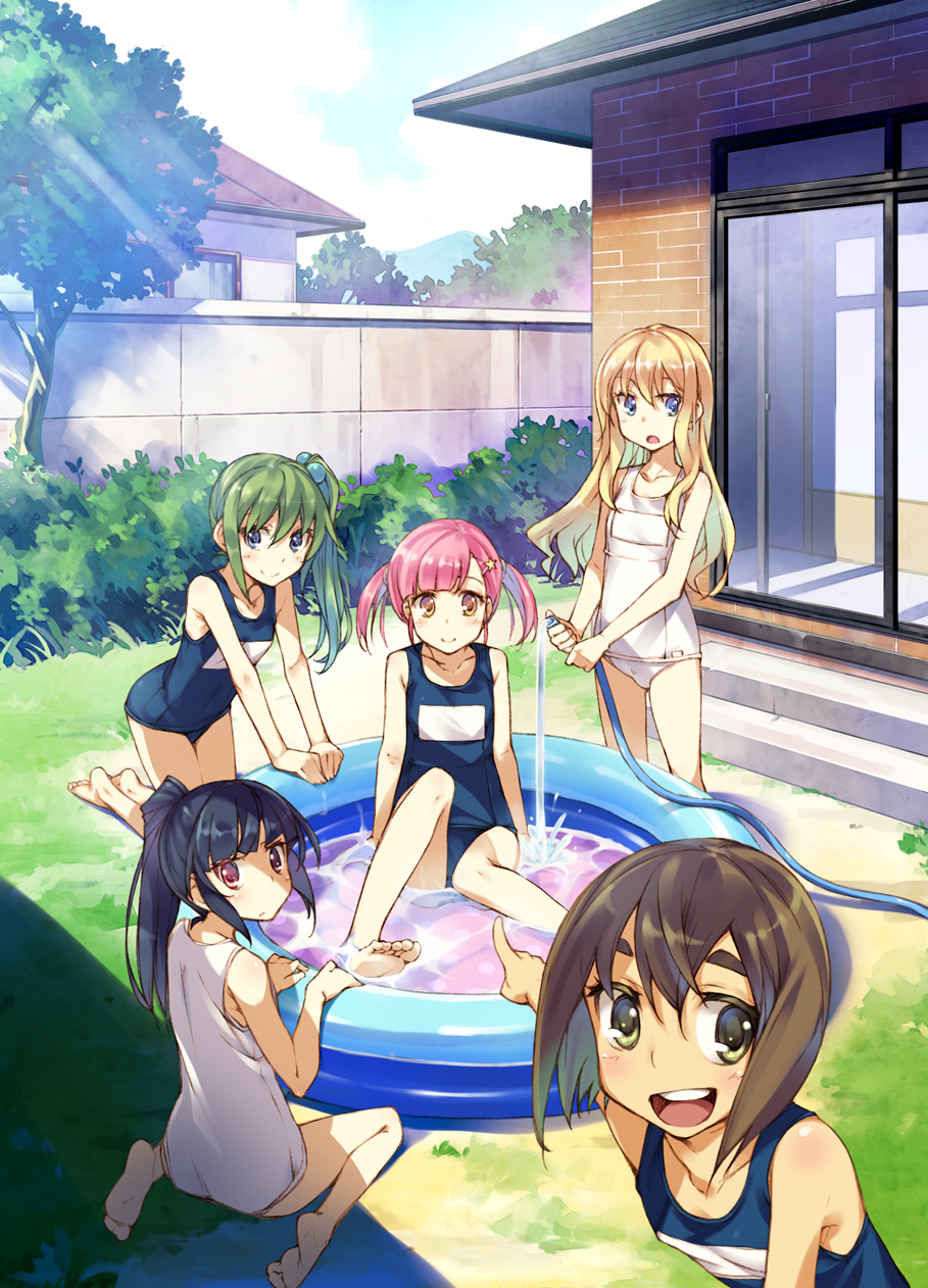 :d, arm_support, bare_legs, bare_shoulders, barefoot, blonde_hair, blue_eyes, blue_hair