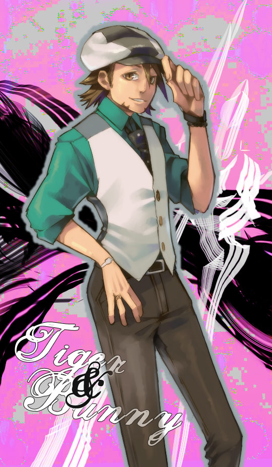 adjusting_hat, brown_eyes, brown_hair, cabbie_hat, hat, kaburagi_t_kotetsu, male, necktie, shion_(yurayura), short_hair, solo, stubble, tiger_&amp;_bunny, vest, waistcoat, watch, wedding_ring, wristwatch