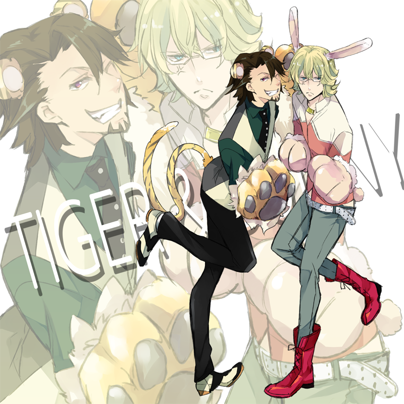 anger_vein, animal_ears, barnaby_brooks_jr, blonde_hair, boots, brown_hair, bunny_ears, bunny_tail, facial_hair, glasses, gloves, green_eyes, jacket, jewelry, kaburagi_t_kotetsu, kemonomimi_mode, male, multiple_boys, necklace, necktie, paw_gloves, r-01, red_eyes, red_jacket, short_hair, standing_on_one_leg, stubble, tail, tiger_&amp;_bunny, tiger_ears, tiger_tail, vest, waistcoat, zoom_layer