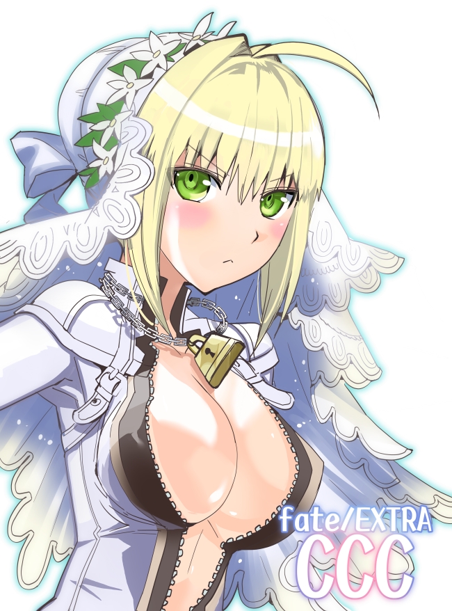 :<, ahoge, blonde_hair, blush, bodysuit, breasts, center_opening, chain