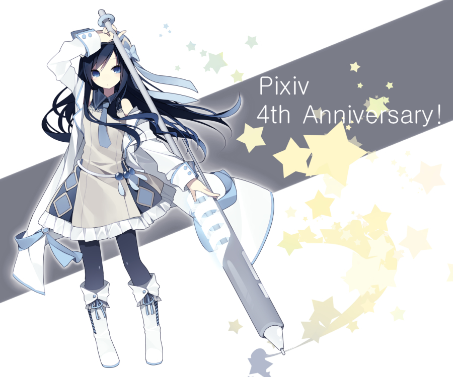 arm_up, black_hair, blue_eyes, boots, bow, dress, fighting_stance, hair_bow
