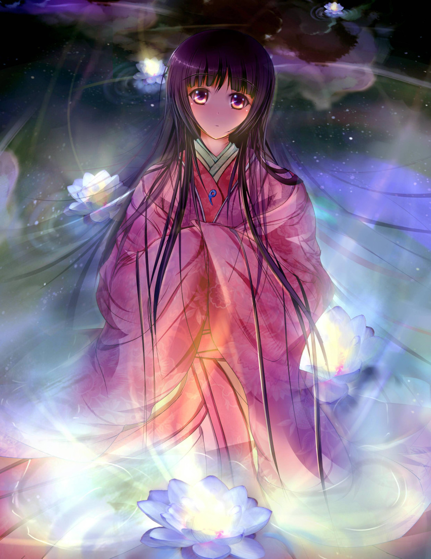 black_hair, brown_eyes, flower, garyljq, highres, japanese_clothes, kimono, long_hair