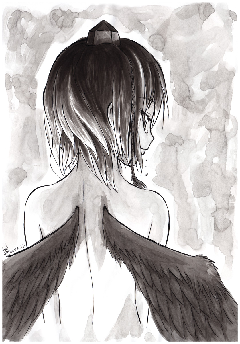 back, bad_id, bare_back, bare_shoulders, black_wings, bust, chunyan, from_behind